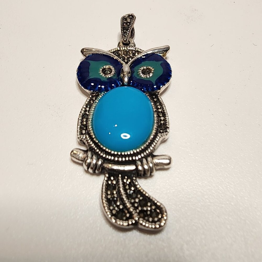 Vintage 925 Silver Enamel and Marcasite Owl Pendant